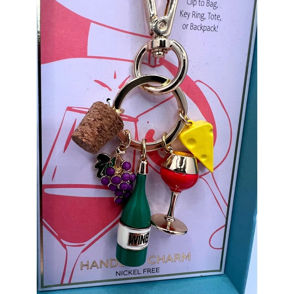 True to Form Wine Handbag Charm Clip Keychain, Wine Bottle Grapes Cheese